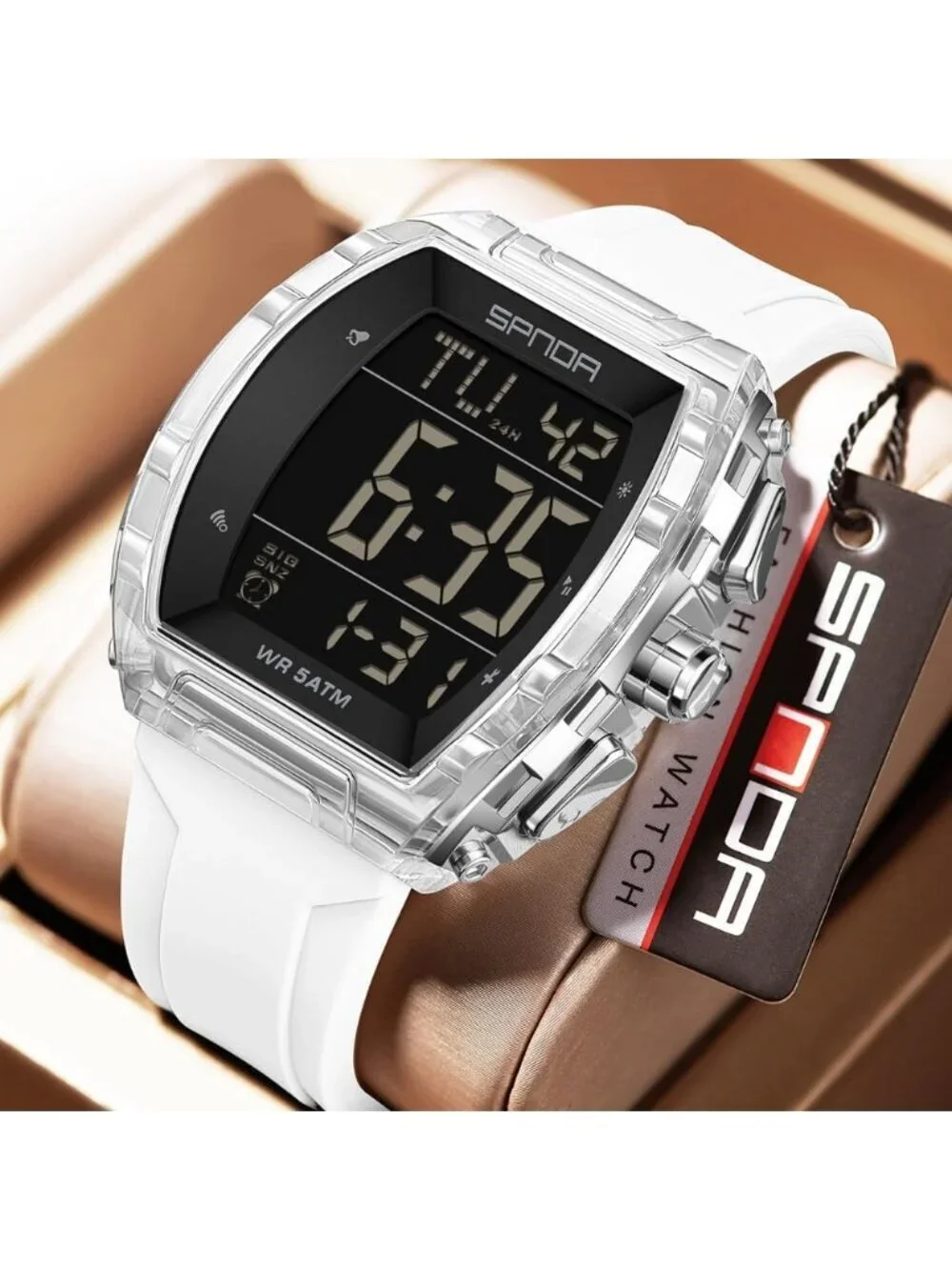 Men's White Analog Quartz Tonneau Shape Dual Waterproof Digital Luxury Watch